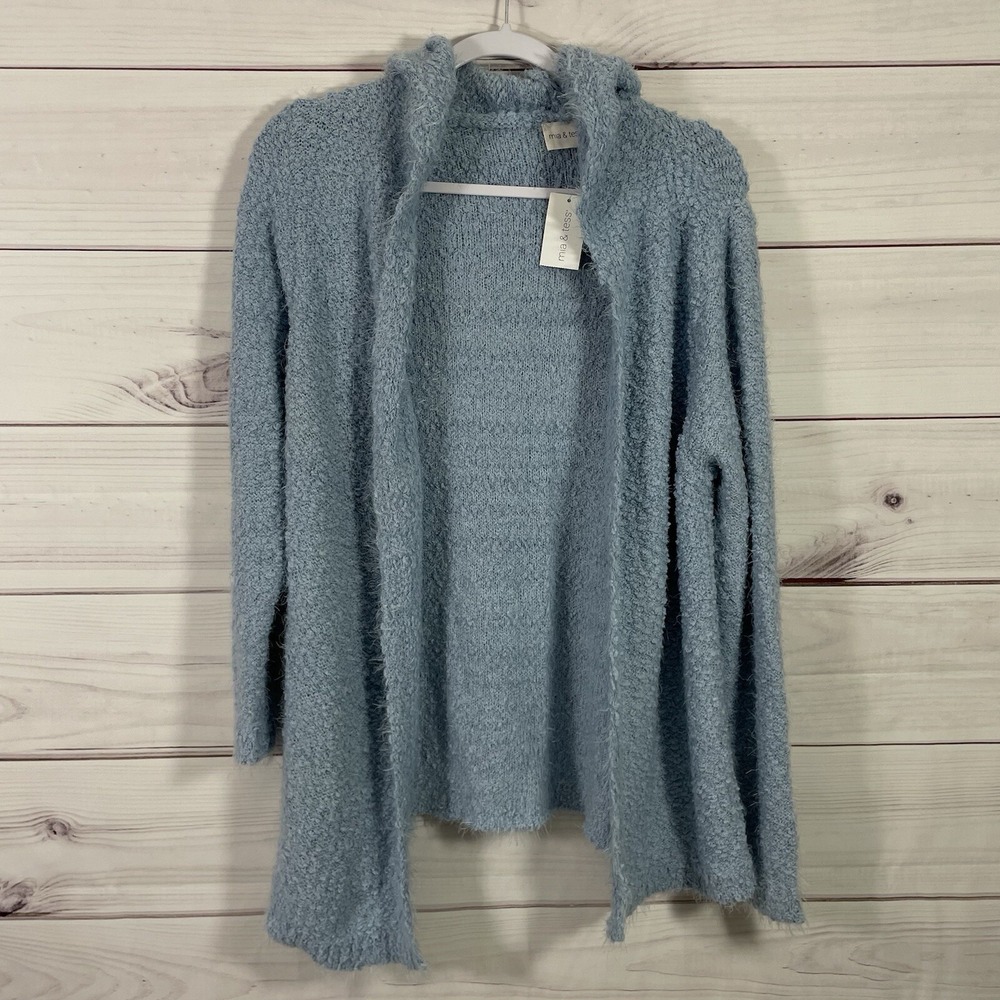 Tess & Mia Cardigan Sweater Womens Size L Blue Chenille Fuzzy.